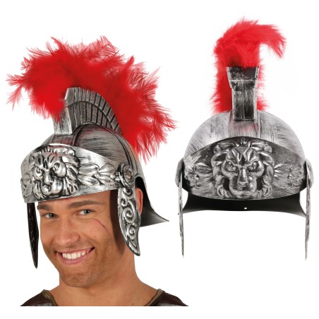 Casco soldado romano plateado con pluma roja-El Informal Santander