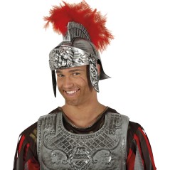 Casco soldado romano plateado con pluma roja
