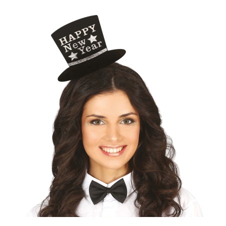 Diadema cotillon chistera negra plata