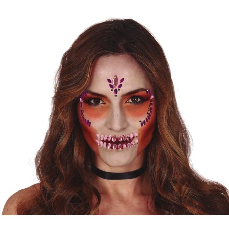 Joyas faciales adhesivas calavera rosa y lila