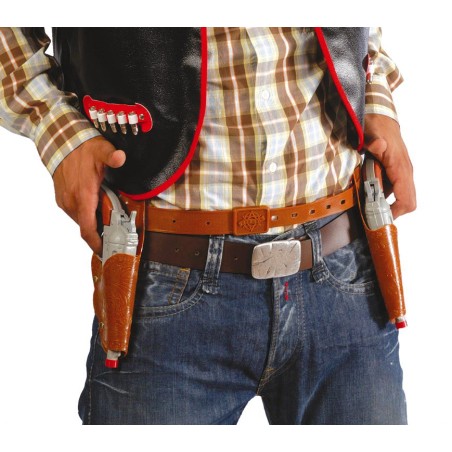 Cartuchera marron doble con 2 pistolas vaquero