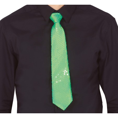 Corbata verde neon con lentejuelas 37 cm