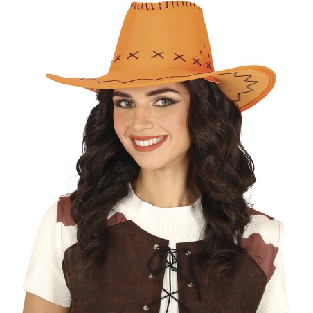 Sombrero vaquero naranja simil piel adulto