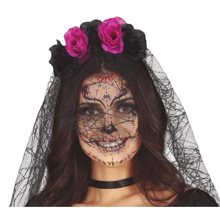 Diadema catrina flores lila negras con velo-El Informal