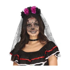 Diadema catrina flores lila negras con velo