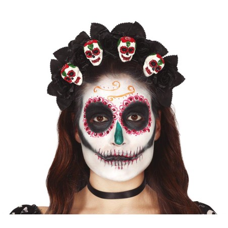 Diadema catrina flores negras con calveras-El Informal
