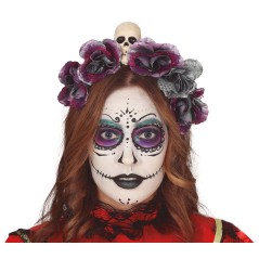 Diadema flores grises con calavera catrina halloween-El Informal