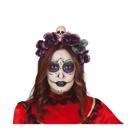 Diadema flores grises con calavera catrina halloween