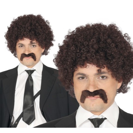 Peluca rizos castaña afro con bigote años 60 70-El Informal Santander