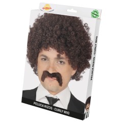 Peluca rizos castaña afro con bigote años 60 70