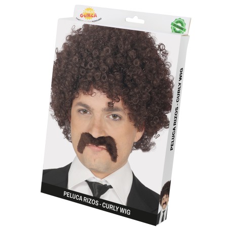 Peluca rizos castaña afro con bigote años 60 70