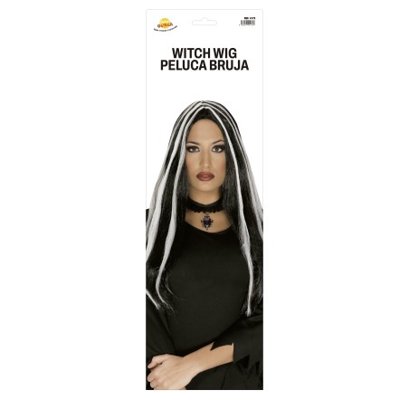 Peluca negra mechon blanco 60 cm bruja