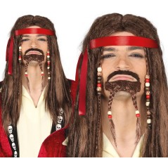 Peluca pirata caribeño castaña con rastas perilla y abalorios-El Informal Santander