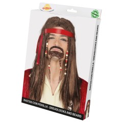 Peluca pirata caribeño castaña con rastas perilla y abalorios-El Informal Santander