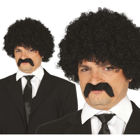 Peluca rizos negra afro con bigote años 60 70-El Informal Santander