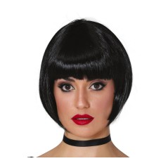 Peluca cabaret media melena negra flequillo