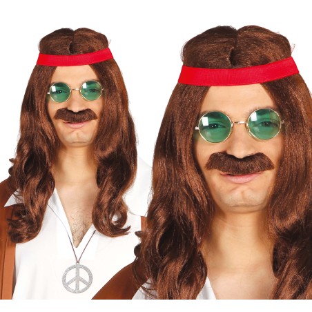 Peluca hippie con bigote y cinta castaña años 60 70-El Informal Santander