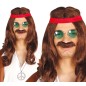 Peluca hippie con bigote y cinta castaña años 60 70