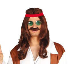 Peluca hippie con bigote y cinta castaña años 60 70
