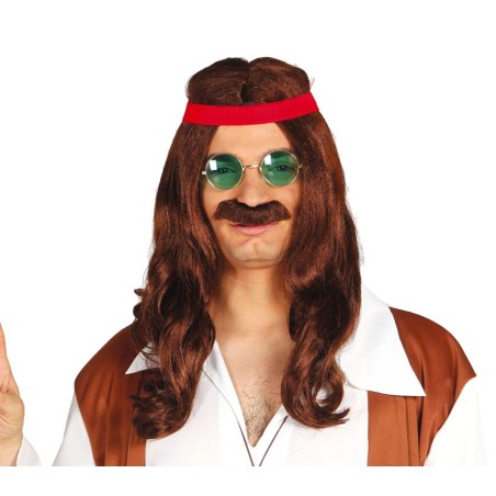 Peluca hippie con bigote y cinta castaña años 60 70