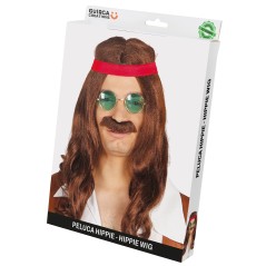 Peluca hippie con bigote y cinta castaña años 60 70-El Informal Santander
