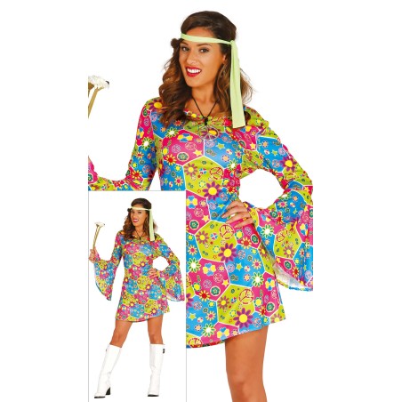 Disfraz vestido hippie flower power mujer talla L 42-44-El Informal