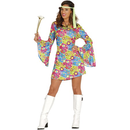 Disfraz vestido hippie flower power mujer talla L 42-44