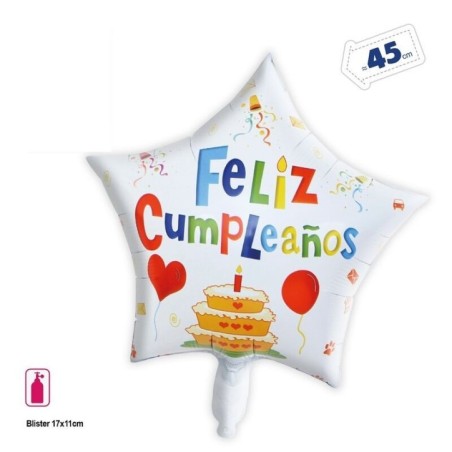 Globo Feliz cumpleanos estrella blanca 45 cm helio o aire 8435127176420 17642