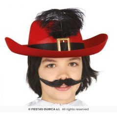 Sombrero mosquetero infantil fieltro rojo pluma 8434077130988 13098
