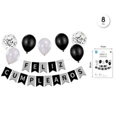 Guirnalda Feliz cumpleaños plata negro con 8 globos
