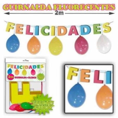 Guirnalda felicidades en colores fluor de 2 mt con globos 8429412954985 5498