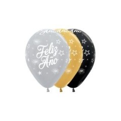 Globos Feliz Año en dorado y plata 12 uds 30 cm sempertex 7703340333342 R12 FAaO